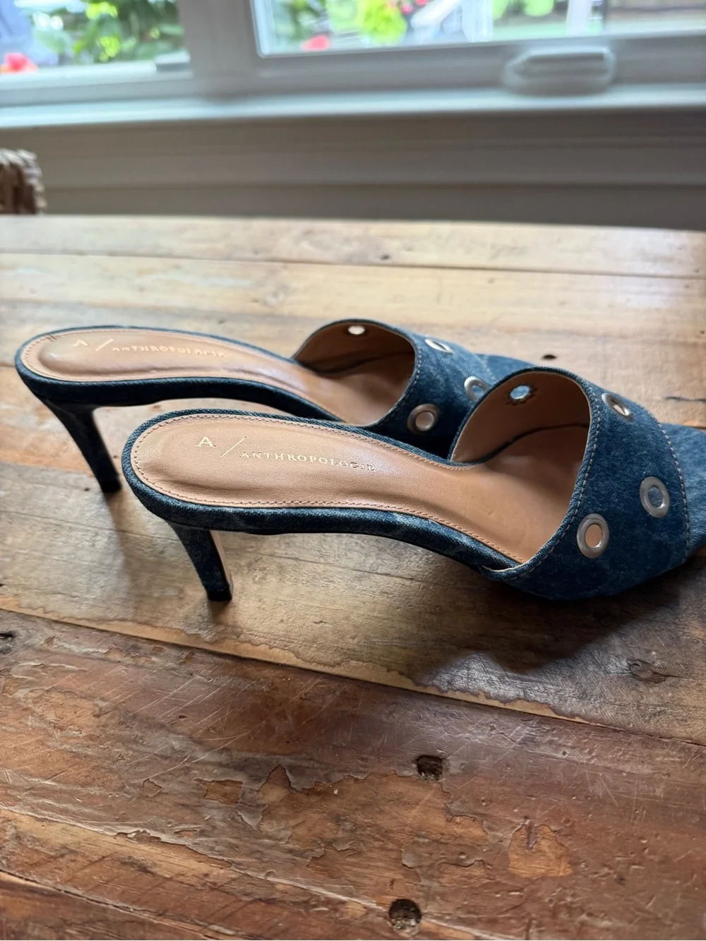 Anthropologie Denim Slide Mules with Silver Grommets